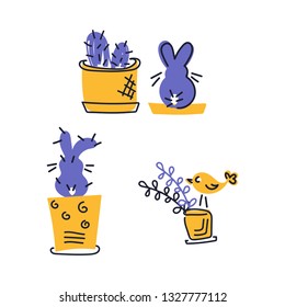 Houseplants, Pets. The cacti in pots, decorative rabbits . Vector illustration.