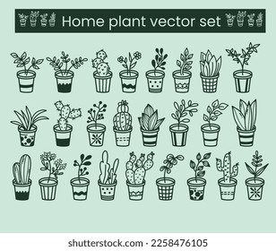 Houseplants. Plant outline drawing vector set, succulents in pots. Indoor exotic flowers with stems and leaves. Monstera, ficus, pothos, yucca, dracaena, cacti, snake plant for home and interior,