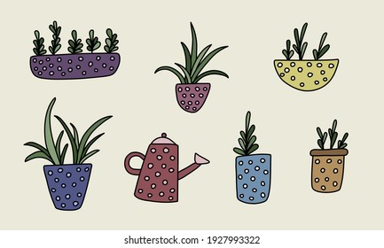 Hogares en la olla. Ilustración del doodle vectorial. Jardinería doméstica