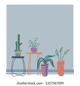 Houseplants in pots against the background of the wall. Simple flat style, in soft colors.Vector illustration.