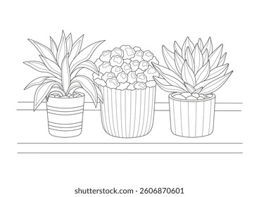 Houseplants in pots. Coloring page. Vector illustration.