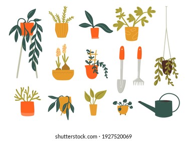 Houseplants in pots, different green plants and care tools. Urban jungle collection. Vector flat doodle illustration set