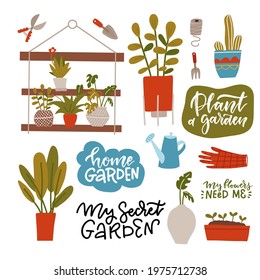 Houseplants in pots, different green potted plants, shelf and care tools. Urban jungle collection with lettering quotes. Vector flat doodle illustration set.
