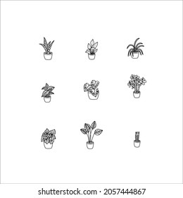 houseplants in pots. houseplants doodle. hand drawn houseplants. monstera, snake plant, rubber plant, succulent, sansevieria, chlorophytum, maranta, spider plant, jade plant. 