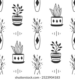 Plantas para el hogar en macetas Doodle Seamless Pattern. Lindo fondo blanco y negro dibujado a mano. Esquema de Ilustración vectorial. Plantas de interior caseras.