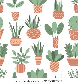 Houseplants in pots seamless pattern. Background with foliage plants for design. Template for packaging, fill, interior vector illustration