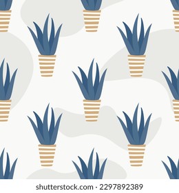 Houseplants in pots seamless pattern. Background of indoor plants and abstract forms. Flora room decor print for textile, wallpaper, packaging and design, vector illustration