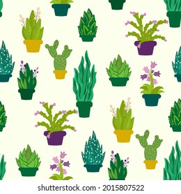 Houseplants in pots are a seamless pattern. Cacti, agave