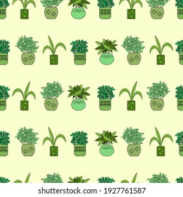 Houseplants in pots. Seamless pattern. Creative flower shop decoration design or flower wrapping paper design. Vector