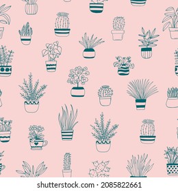 plantas domésticas en macetas dibujadas a mano sin fisuras. vector, plantas, flores, minimalismo, escandinavo. colores de moda 2022. fondo de papel tapiz textiles envolver cactus de papel