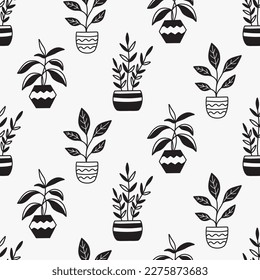 Hogares en macetas sin costura. Fondo de plantas de la casa, textura floral interminable. Ilustración vectorial. Flores caseras posadas impresas para decoración interior, papel pintado mínimo, textil, papel envolvente.