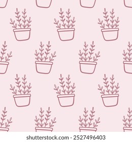 Plantas de casa en macetas sin patrón. Fondo de plantas de la casa, textura sin fin floral. Ilustración vectorial. Impresión casera de las flores en maceta para la decoración interior, Fondo de pantalla mínimo, materia textil, papel de embalaje.