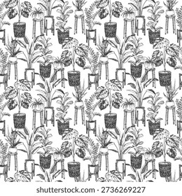 Houseplants in pots seamless vector pattern. Monstera, ficus, strelitzia, zamioculcas, sansevieria, chlorophytum hand-drawn in ink.