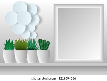 houseplants in potted and photoframes on the wall. Collection of various cactus. Vector Illustration. 