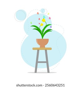 houseplants. potted plants. flowering green plants and butterflies. room decoration. garden. yard. vector illustration