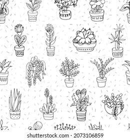 Patrón sin costuras de las plantas domésticas. Flores en macetas. Dibujo en blanco y negro. Doodles. Ilustración del material extraído a mano por vectores. Fondo blanco. Cactus de palma, suculento de flor seca. Flores para el interior