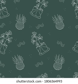 
Houseplants. A seamless pattern with indoor plants on a green background. Vector illustration.