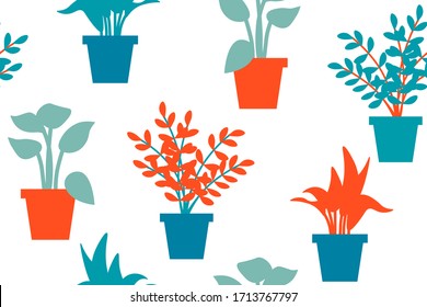 Houseplants seamless pattern. Repetitive vector illustration of various abstract houseplants on transparent background. EPS 10.