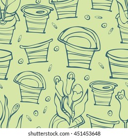 houseplants seamless pattern. Vector flowers in pots