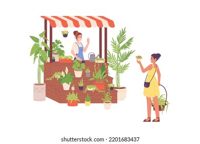 Houseplants seller. Local houseplant shop street stall of potted flowers, professional floristry, beautiful floral plants market, female garden florist vector illustration of seller floral market