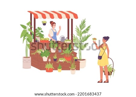 Houseplants seller. Local houseplant shop street stall of potted flowers, professional floristry, beautiful floral plants market, female garden florist vector illustration of seller floral market