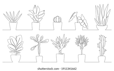 Houseplants set isolated on white background. Continuous one line drawing. Modern minimalism. Vector illustration in line art style