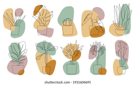 Houseplants set isolated on white background. Continuous one line drawing. Modern minimalism. Colored Spots. Vector illustration in line art style