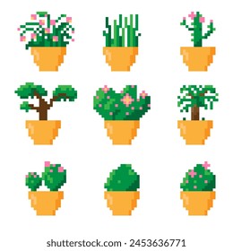 Houseplants set, plant pixel art icon, bonsai tree, cactus, flowering indoor plants isolated vector illustration, interior details, game assets, 8-bit