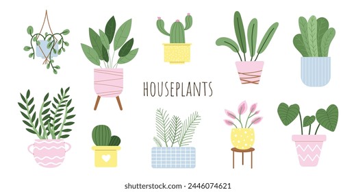 Houseplants set. Potted cactus, succulents, urban jungle plant interior decorations vector set. Vector illustration with white isolated background.