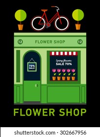 Houseplants in show-window of flower shop. Vector illustration.  Icon on old style local flowers shop store front facade with flowers exposed in windows. Sign on the door