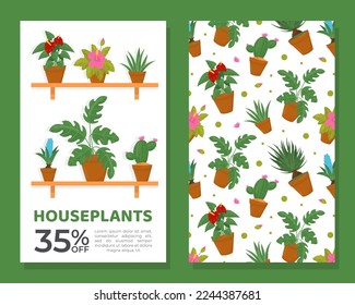 Houseplants special offer flyer, promotional leaflet. Indoor potted plants for home garden banner, card with flowers in pots seamless pattern cartoon vector