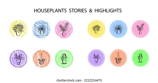 Houseplants story highlight covers. Trendy icons, stickers for blogs and social media, journals. Set of hand drawn silhouettes of potted plants in rounds, solid color and grunge scribble texture