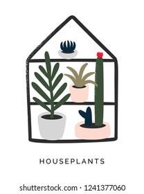 Houseplants and succulents hand drawing vector illustration. Set of doodles plants in pots. Poster, placard