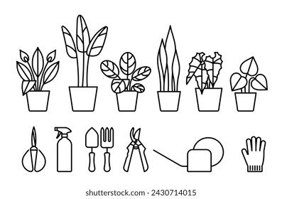 Houseplants and supplies, line icon set. Plants-spathiphyllum, banana plant, calathea, snake plant, alocasia. Equipment-scissors, spray bottle, pruner, watering can. Editable stroke, linear vector