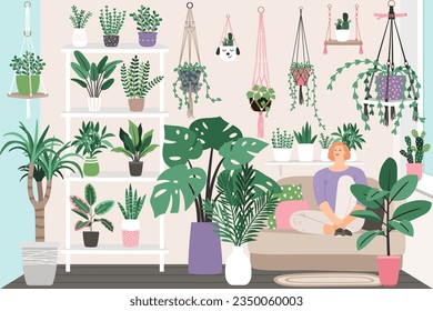 Hogares de moda. Plantas domésticas en macetas de flores. Decoración de la jungla urbana. Evergreen en plantadores colgando en macrame trenzado. Mujer relajándose en un sofá en invernadero. Ilustración del vector