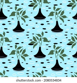 Houseplants in vases with spots and dots. Beautiful hand drawn seamless pattern. Home decor and gardening. Floristic concept. Indoor botany. Elements of modern design. Home flowers.