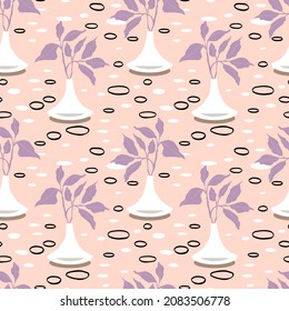Houseplants in vases with spots and dots. Beautiful hand drawn seamless pattern. Home decor and gardening. Floristic concept. Indoor botany. Elements of modern design. Home flowers.