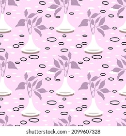 Houseplants in vases with spots and dots. Beautiful hand drawn seamless pattern. Home decor and gardening. Floristic concept. Indoor botany. Elements of modern design. Home flowers.