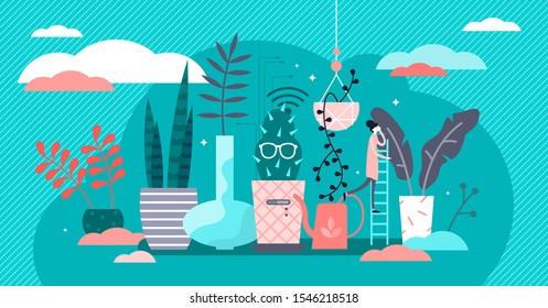 Houseplants vector illustration. Flat tiny indoor gardening persons concept. Smart care with data collection from pot. Herbal botany hobby and passion. Plant growth process as ecological relax method.