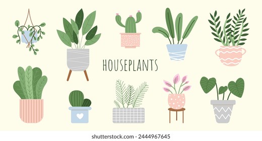 Houseplants. Vector set of house plants in pots.  Home green decoration. Flowering potted plants. Trendy home decor with flowers. Flat vector illustrations isolated on white background.