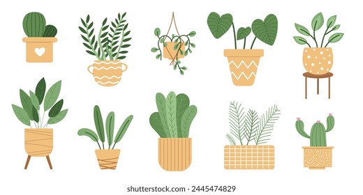 Houseplants. Vector set of house plants in pots.  Home green decoration. Flowering potted plants. Trendy home decor with flowers. Flat vector illustrations isolated on white background.