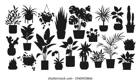 Houseplants. Vector Set Of Silhouettes Home Plants, Succulents In Pot. Indoor Exotic Flowers With Stems And Leaves. Monstera, Ficus, Pothos, Yucca, Dracaena, Cacti, Snake Plant For Home And Interior