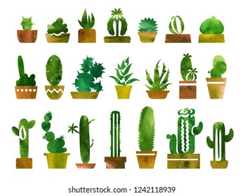 Houseplants vector watercolor illustrations set. Flower pots with cactuses and succulents. Water color textured house plants silhouettes. Hand painted drawing. Isolated handdrawn indoor plants clipart