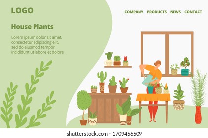 Houseplants for your home webpage template with woman watering plants at home, caring for indoor greenery, gardening hobby flat cartoon vector illustration. Home potted plants and succulent, cactuses.