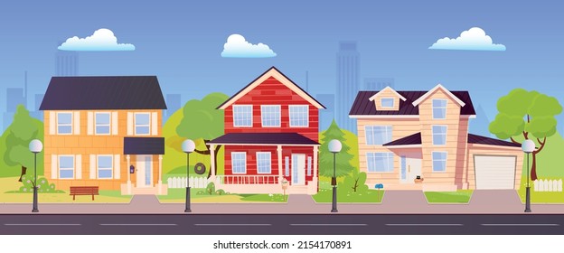 Сity houses along the street in flat design style. Spring street with three classic houses in Suburb of Big City in summer with trees, buildings, road, bench, house exterior in different colors.