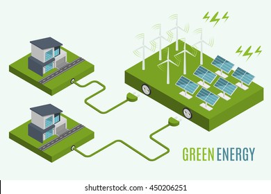 Houses with alternative Eco Green Energy, flat 3d web isometric infographic concept. Wind Turbines and Solar Panels set. Vector illustration