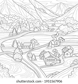 
Houses among the mountains. Landscape.Coloring book antistress for children and adults. Illustration isolated on white background.Zen-tangle style. Hand draw