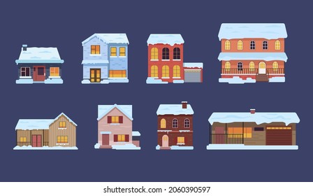 Houses and apartment buildings in snow isolated on blue background. Winter houses, buildings facade cartoon vector illustration set. Winter holidays, Christmas, snowy city concept