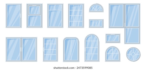 Houses and apartment exterior or interior design, architecture of building. Vector isolated set of windows with wooden or plastic frames and glass texture. Balcony and ached type, square and circle