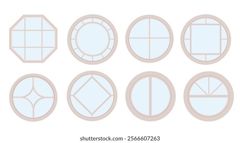 Houses and apartments round windows types. Exterior and interior design, home renovation architecture .Set of wooden or plastic frames. Arched and semicircle